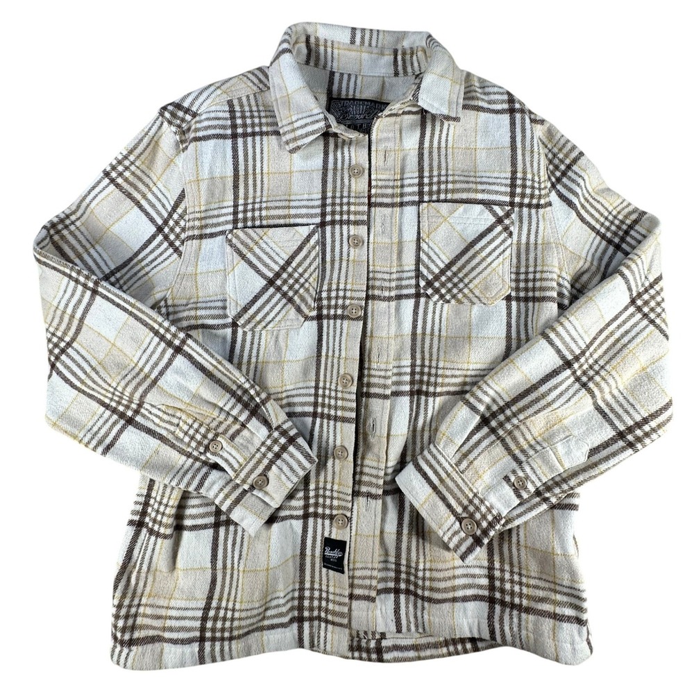 Brooklyn Cloth Plaid Flannel Shirt Button Up Cream Brown Small Polyester Cotton